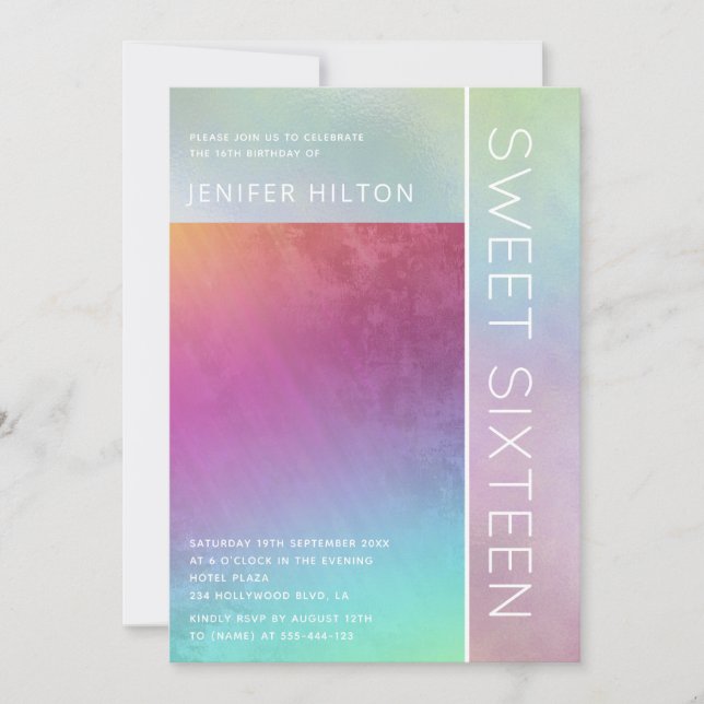 Simple elegant holographic sweet sixteen invitatio invitation (Front)
