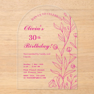 Simple Elegant Hot Pink Floral Birthday Acrylic Invitations