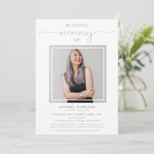 Simple Elegant In Loving Memory Funeral Photo Invi Invitation (Standing Front)
