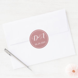 Simple, elegant initials dusty rose pink wedding classic round sticker
