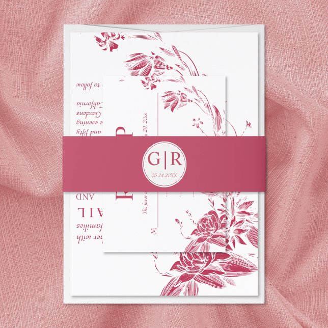 Simple elegant initials viva magenta pink wedding invitation belly band (Creator Uploaded)