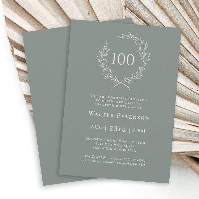 Simple Elegant Laurel Wreath 100th Birthday Invitation (Creator Uploaded)