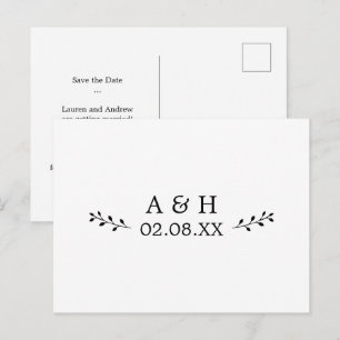 Simple Elegant Leaf Motif Monogram Save the Date Postcard