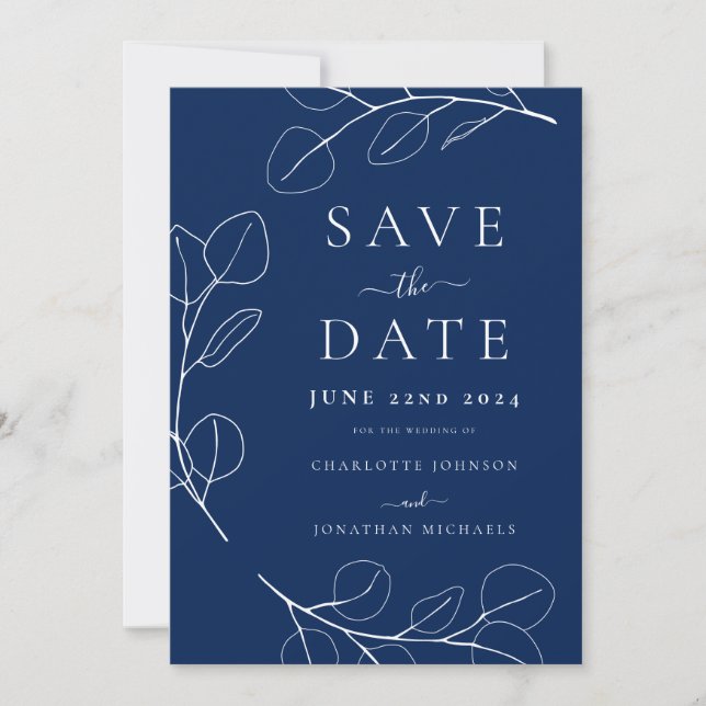 Simple Elegant Leaves Navy Blue Wedding Save The Date (Front)