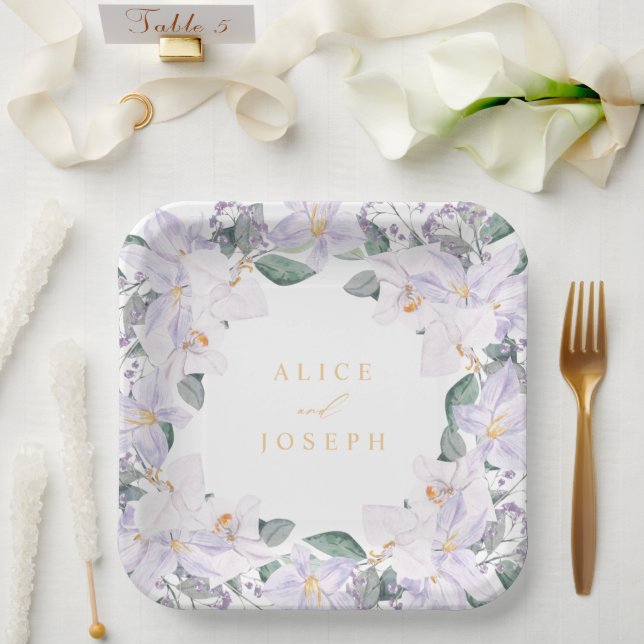 Simple Elegant Lilac Watercolor Floral Wedding Paper Plate (Wedding)