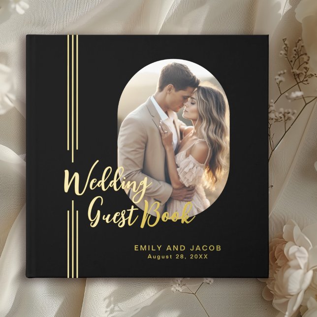 Simple Elegant Lines Oval Photo Wedding Guest Book (Wedding Guest Book with Real Gold Foil details.)
