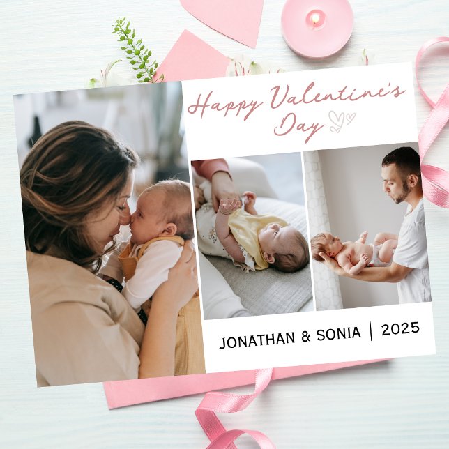 Simple Elegant Love valentines day Family 3 photo Holiday Card (Creator Uploaded)