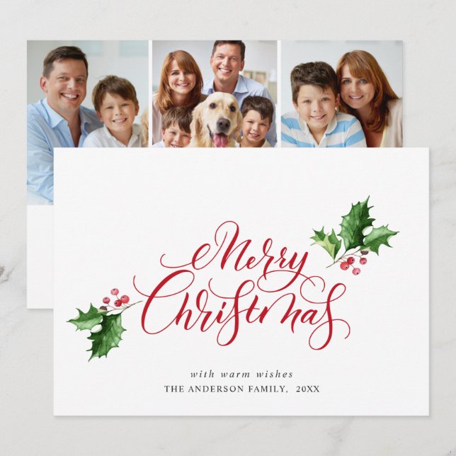 Simple Elegant Merry Christmas Greeting 3 PHOTO Holiday Card (Front/Back)