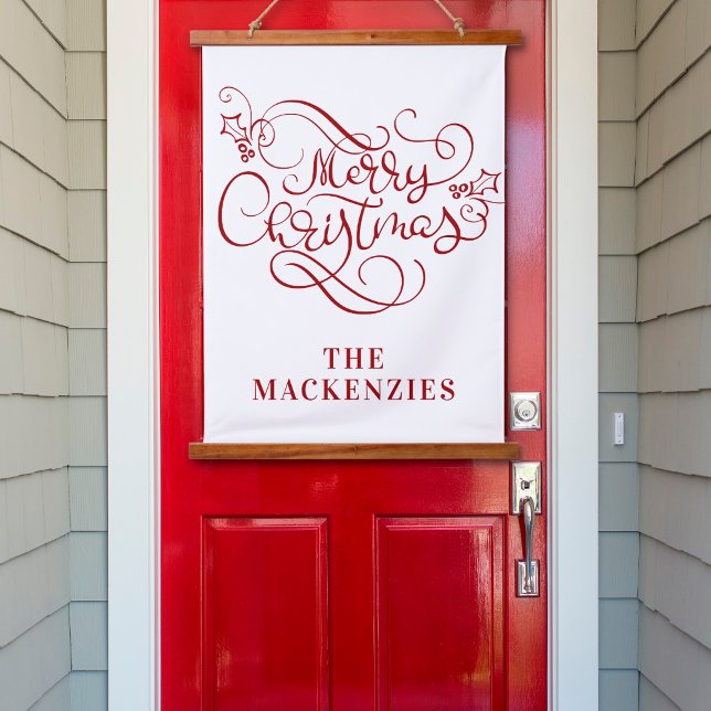 Simple Elegant Merry Christmas Name Red White Hanging Tapestry (Creator Uploaded)