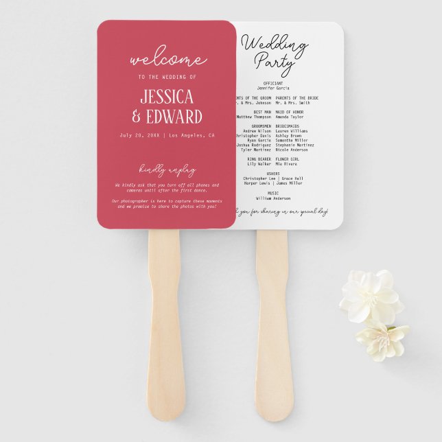 Simple Elegant Minimal Brick Red Wedding Program Hand Fan (Front and Back)