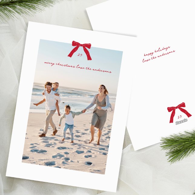 Simple Elegant Minimal Red Christmas Bow Photo Holiday Card (Creator Uploaded)