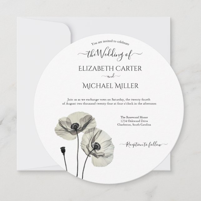 Simple Elegant Minimalism Black and White Poppies Invitation (Front)