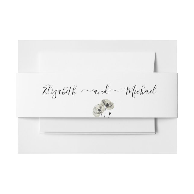Simple Elegant Minimalism Black and White Poppies  Invitation Belly Band (Front Example)