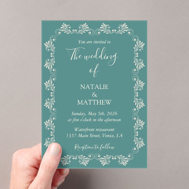 Simple Elegant Minimalist Damask Ornament Wedding Acrylic Invitations (Insitu (Handheld))