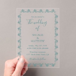 Simple Elegant Minimalist Damask Ornament Wedding Acrylic Invitations