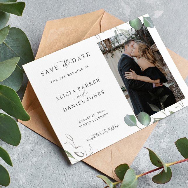 Simple elegant minimalist greenery photo wedding save the date (Creator Uploaded)