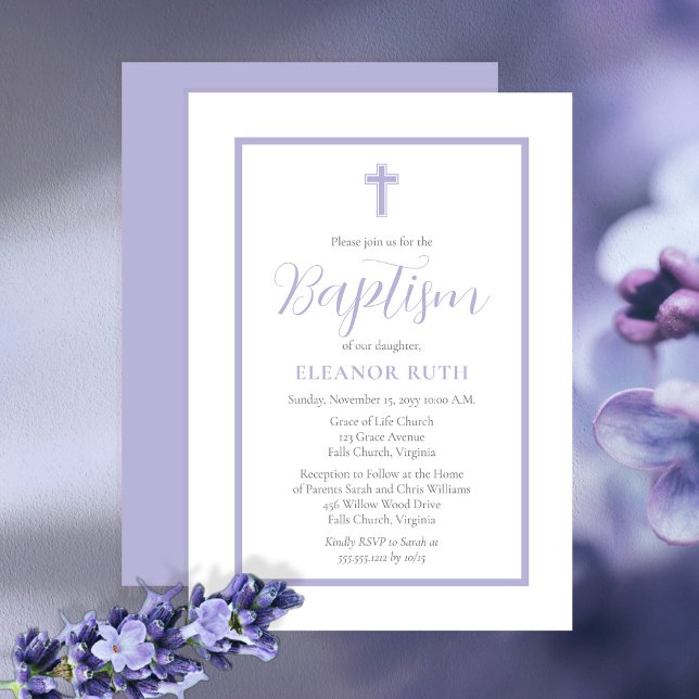 Simple Elegant Minimalist Lavender Girl Baptism Invitation (Creator Uploaded)