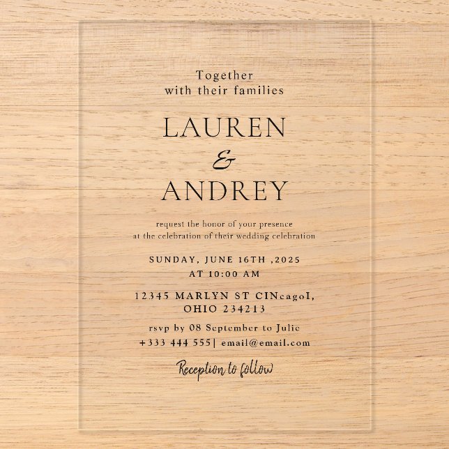 Simple Elegant Minimalist Transparent Wedding  Acrylic Invitations (Front)