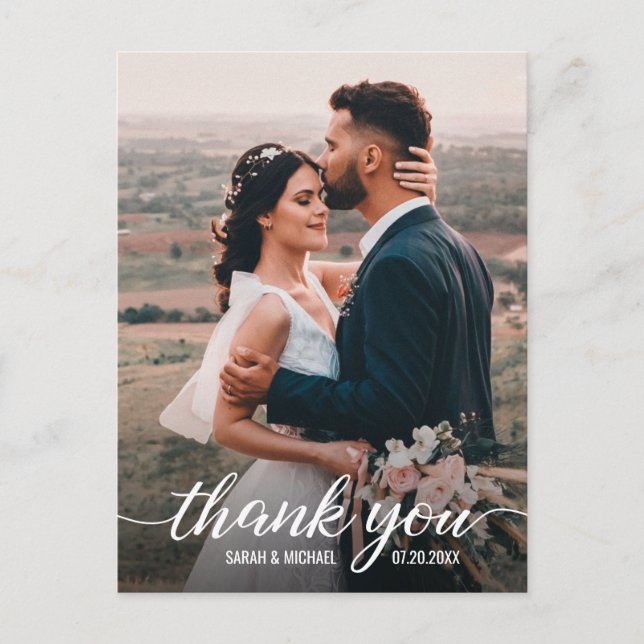Simple Elegant Mod Script Photo Wedding Thank You Postcard (Front)