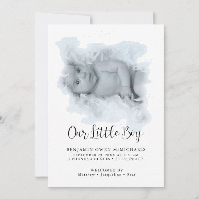 Simple Elegant Modern Baby Boy Photo Announcement (Front)