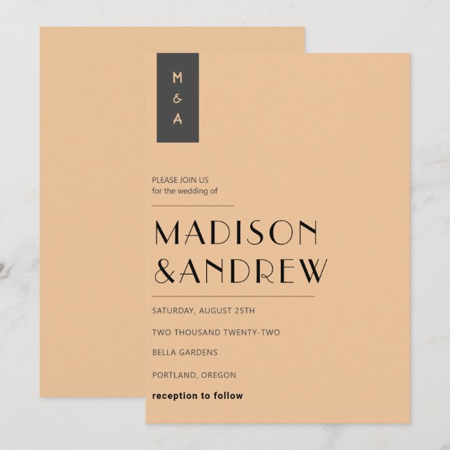 Simple Elegant Modern Black Gold Monogram Wedding Invitation (Front/Back)