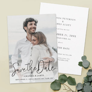 Simple Elegant Modern Black Script Photo Wedding  Save The Date