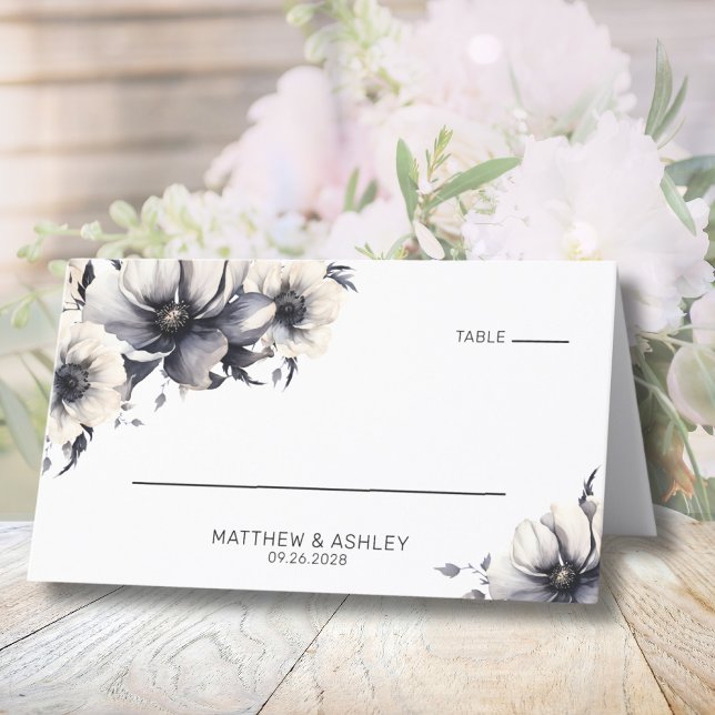 Simple Elegant Modern Black White Floral Wedding Place Card (Simple Elegant Modern Floral Black White Wedding Place Card)