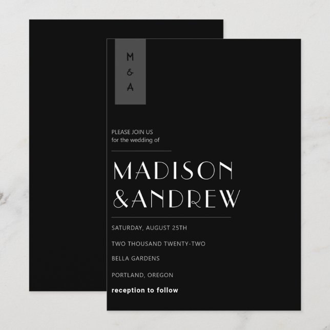 Simple Elegant Modern Black White Monogram Wedding Invitation (Front/Back)