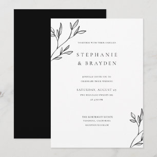 Simple Elegant Modern Botanical Leaf Black Wedding Invitation