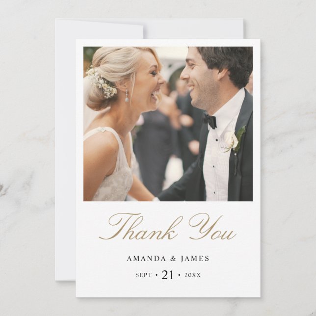 Simple Elegant Modern Gold Photo Wedding Thank You (Front)