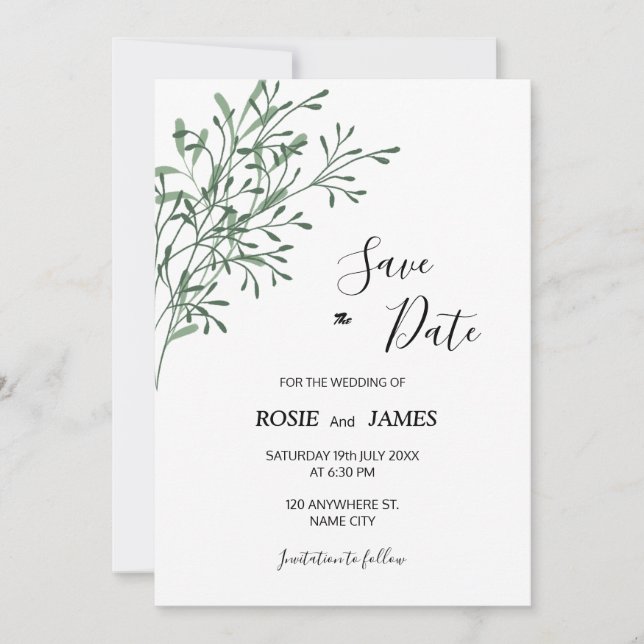 Simple Elegant Modern Greenery Save the Date (Front)