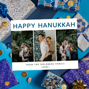 Simple Elegant Modern Hanukkah family 3 photo Holiday Postcard