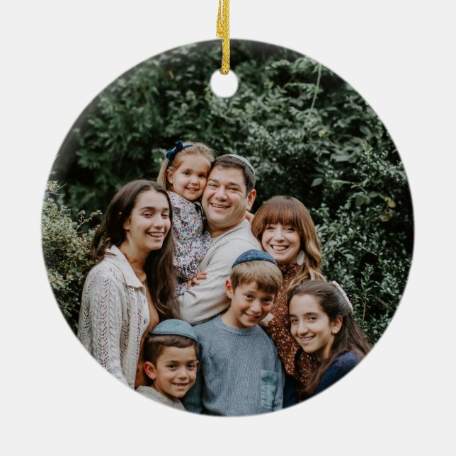 Simple Elegant Modern Hanukkah family Photo Ceramic Tree Decoration (Back)