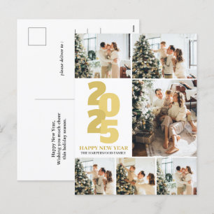 Simple Elegant Modern Happy New Year 6 Photo Holiday Postcard