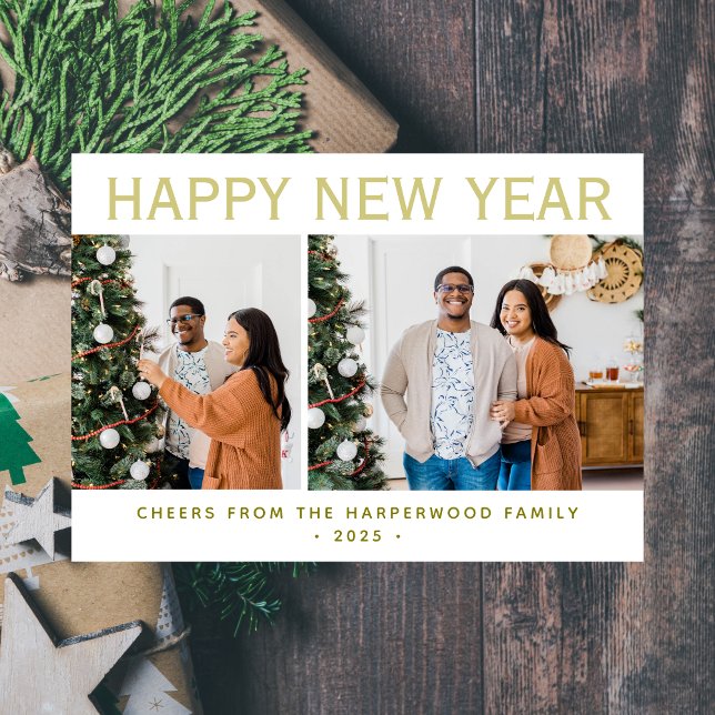Simple Elegant Modern Happy New Year Five Photo Holiday Card (Creator Uploaded)