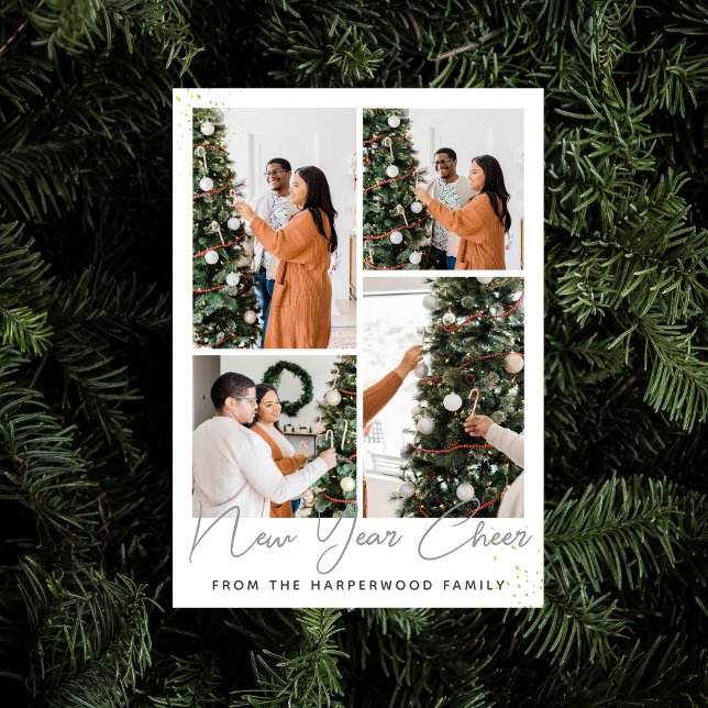 Simple Elegant Modern Happy New Year Four Photo Holiday Card (Creator Uploaded)