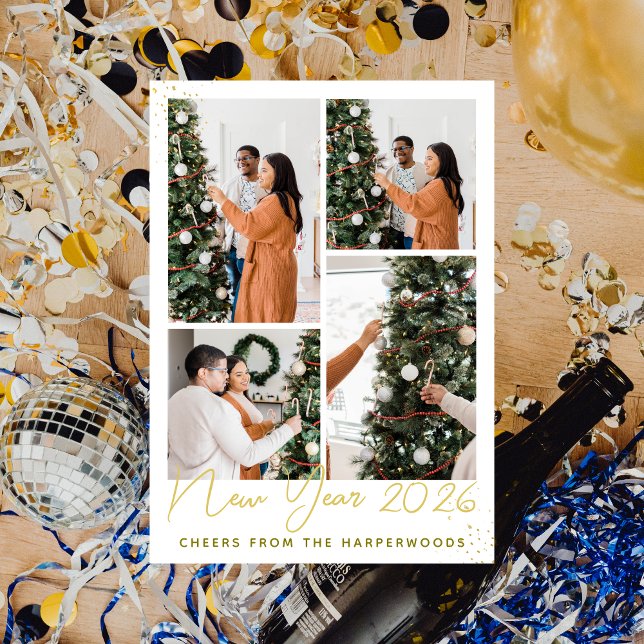 Simple Elegant Modern Happy New Year Four Photo Holiday Card (Creator Uploaded)