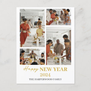 Simple Elegant Modern Happy New Year Four Photo Holiday Postcard