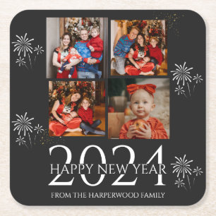 Simple Elegant Modern Happy New Year Four Photo Square Paper Coaster