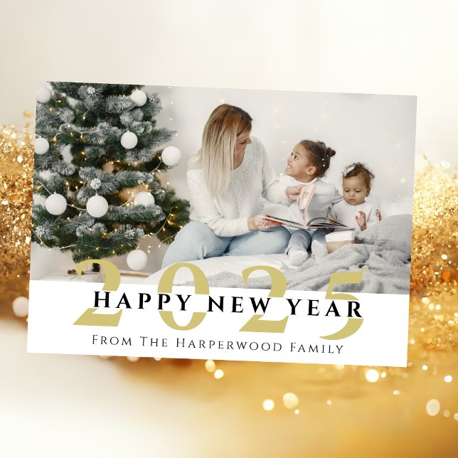 Simple Elegant Modern Happy New Year One Photo Holiday Card (Creator Uploaded)