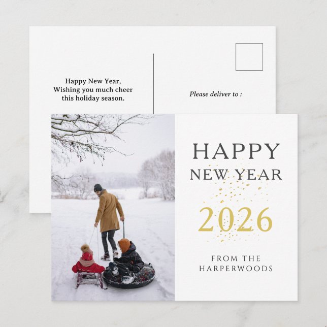Simple Elegant Modern Happy New Year one photo Holiday Postcard (Front/Back)