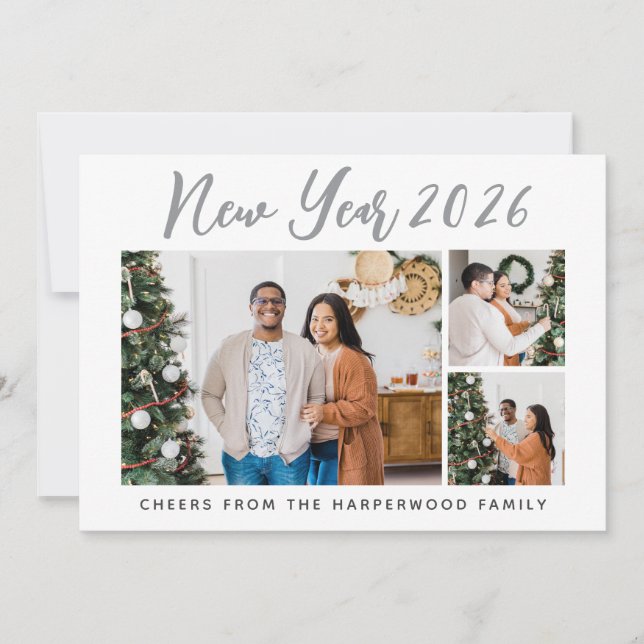 Simple Elegant Modern Happy New Year Six Photo Holiday Card (Front)