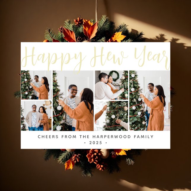 Simple Elegant Modern Happy New Year Six Photo Holiday Card (Creator Uploaded)
