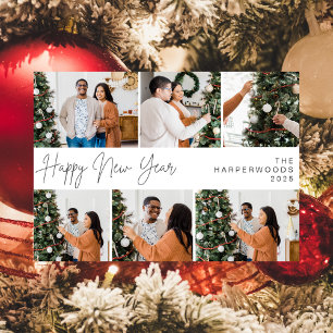 Simple Elegant Modern Happy New Year Six Photo Holiday Card