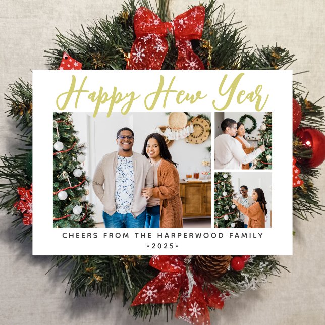 Simple Elegant Modern Happy New Year Six Photo Holiday Card (Creator Uploaded)