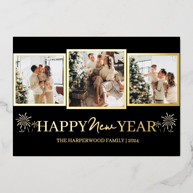 Simple Elegant Modern Happy New Year Three Photo (Front)