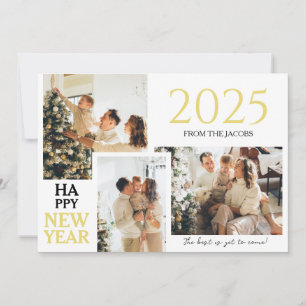 Simple Elegant Modern Happy New Year Three Photo Holiday Card