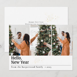 Simple Elegant Modern Happy New Year Three Photo Holiday Card
