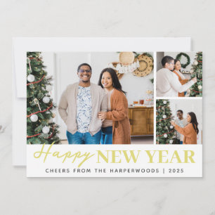 Simple Elegant Modern Happy New Year Three Photo Holiday Card