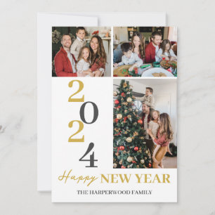 Simple Elegant Modern Happy New Year Three Photo Holiday Card